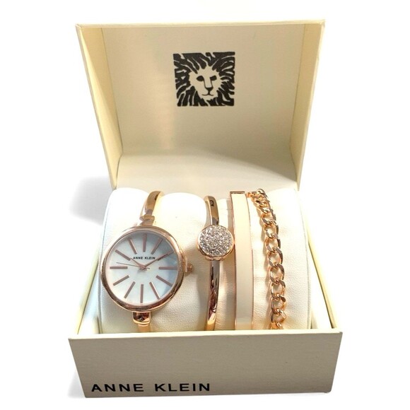 4 Pc Set Anne Klein Women's Gold-Tone Alloy Bangle Fashion Watch 41mm New Boxed - Picture 1 of 5
